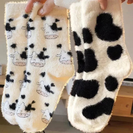 1-2 Pairs: Lovely Cow Pattern Cozy Fuzzy Socks